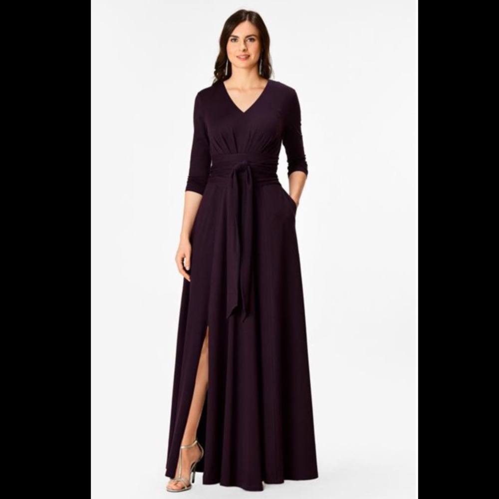Women’s EShakti Obi Belt Cotton Knit Maxi Dress Size 8/10 Bordeaux Color